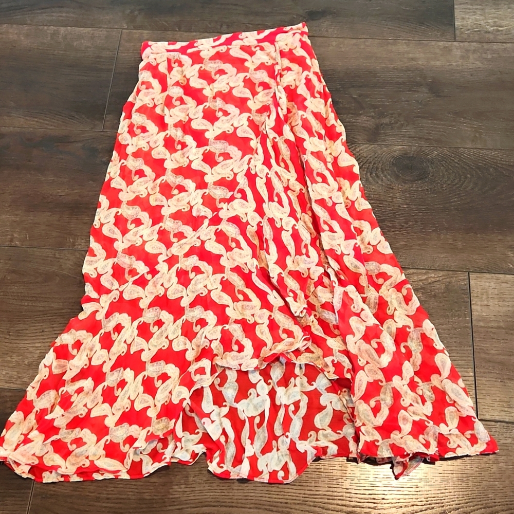 The Kooples Jupe Paisley Print Skirt 0 Draped Ruffle High Low Hem A-Line Red